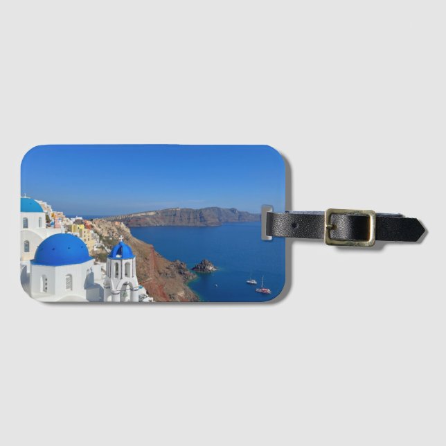 Santorini Greece Blue Domed Church Foto Gepäckanhänger (Vorderseite (Horizontal))