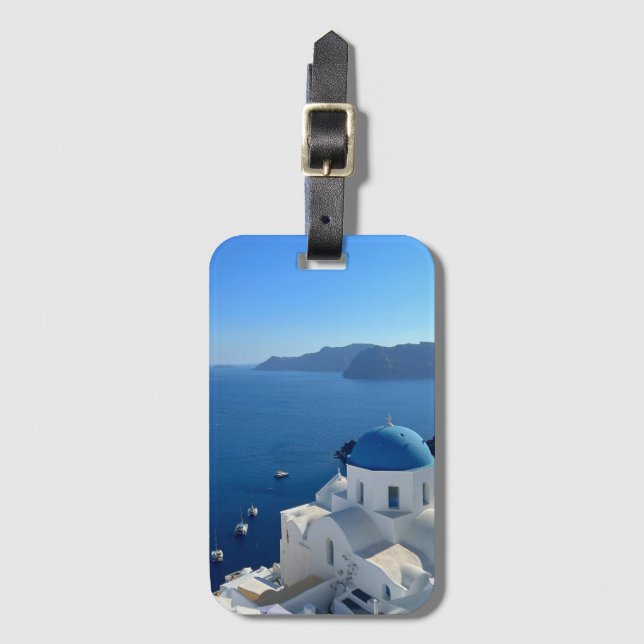 Santorini Greece Blue Domed Church Foto Gepäckanhänger (Vorderseite Vertikal)