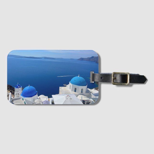 Santorini Greece Blue Domed Church Foto Gepäckanhänger (Vorderseite (Horizontal))