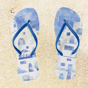 Santorini Greece Watercolor Blue White Flip Flops