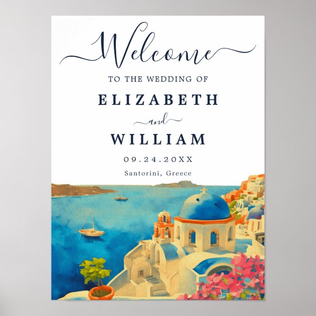 Santorini Greece Watercolor Skyline Wedding Poster (Vorne)