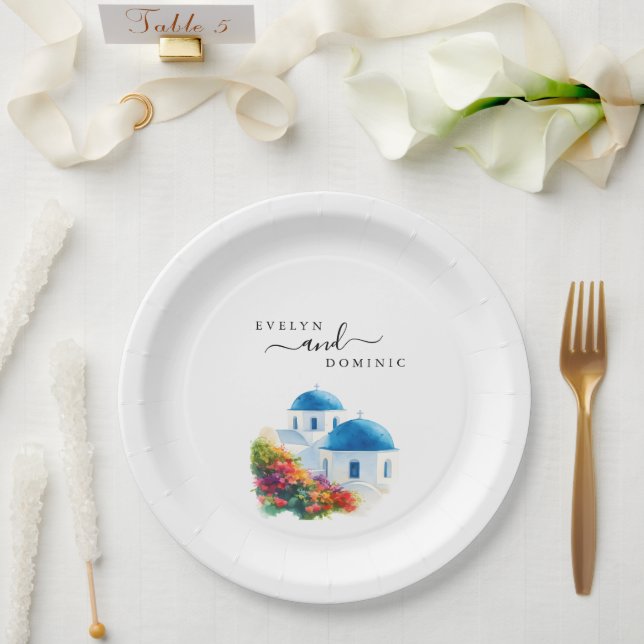 Santorini Greek Island Destination Wedding Pappteller (Hochzeit)