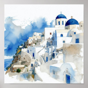Santorini Griechenland Aquarellmalerei Quadrat Pos Poster