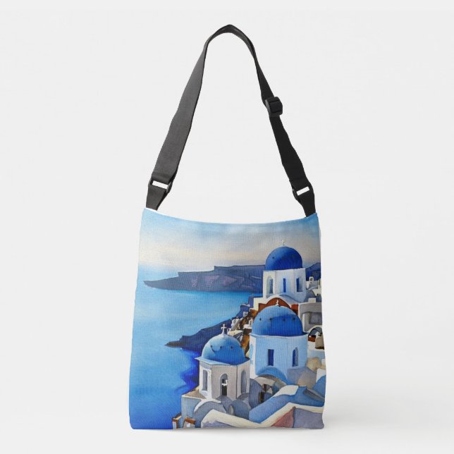 Santorini Griechenland Aquarellmalerei Tragetaschen Mit Langen Trägern (Vorderseite)