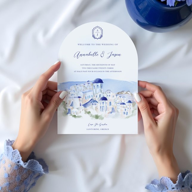 Santorini Griechenland Architectur Wasserfarbenhoc Einladung (Santorini Greece Architecture Watercolor Wedding Invitation)