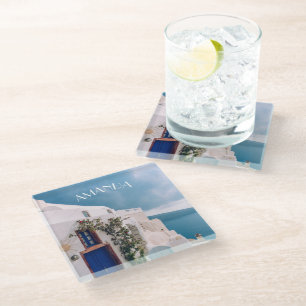 Santorini Griechenland - Blaue Tür beim Santorini- Glasuntersetzer