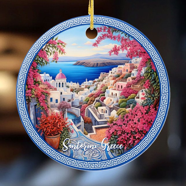 Santorini Griechenland Bougainvillea Malerei Kunst Keramik Ornament (Santorini Greece Bougainvillea Painting Travel Art Ceramic Ornament)