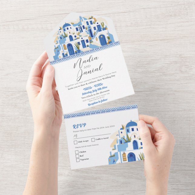 Santorini Griechenland Hochzeit griechischer Einla All In One Einladung (Abreißen)