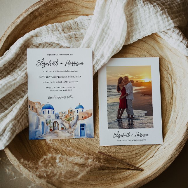 Santorini Griechenland Hochzeitsfeier Foto Einladung (Watercolor Santorini Greece Wedding Photo Invitation)