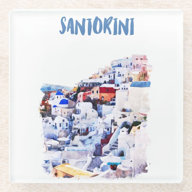 Santorini Griechenland Illustration Wasserfarbe Glasuntersetzer (Vorderseite)