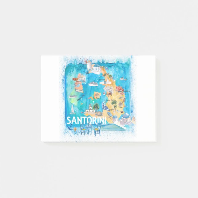 Santorini Griechenland Illustrierte Karte mit Haup Post-it Klebezettel (Vorderseite)