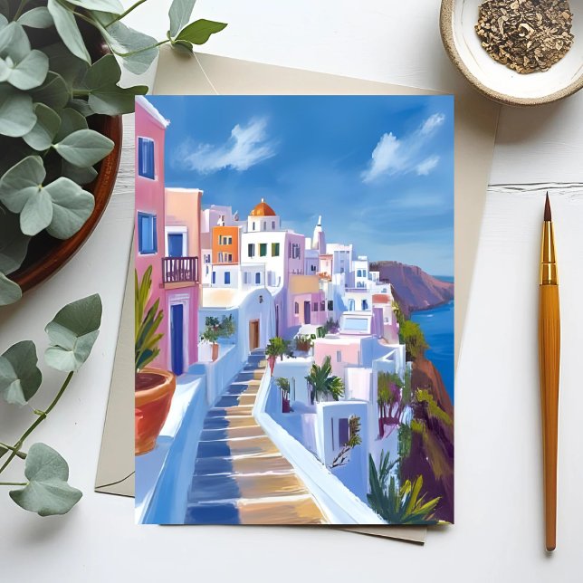 Santorini Griechenland Malerei Wasserfarbenreise Postkarte (Von Creator hochgeladen)