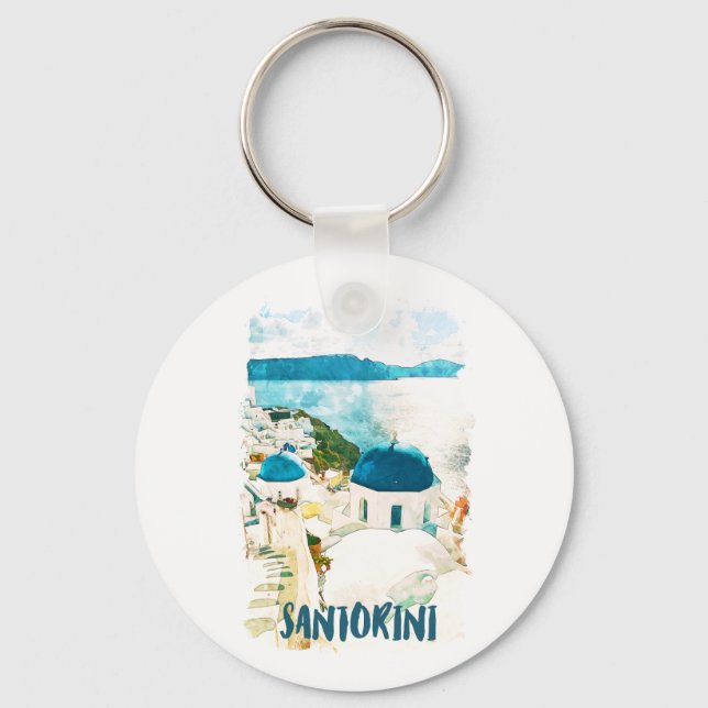 Santorini Griechenland Reisen Wasserfarbe Schlüsselanhänger (Vorderseite)