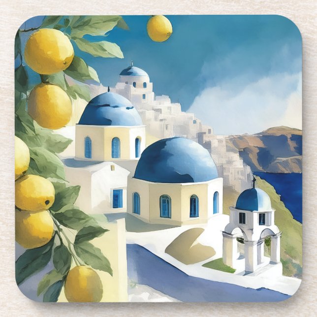 Santorini Griechenland Wassercolor Getränkeuntersetzer (Vorderseite)