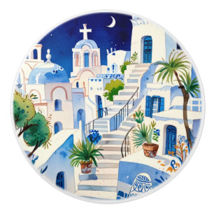 Santorini, Griechenland Wasserfarbe - Griechische Keramikknauf