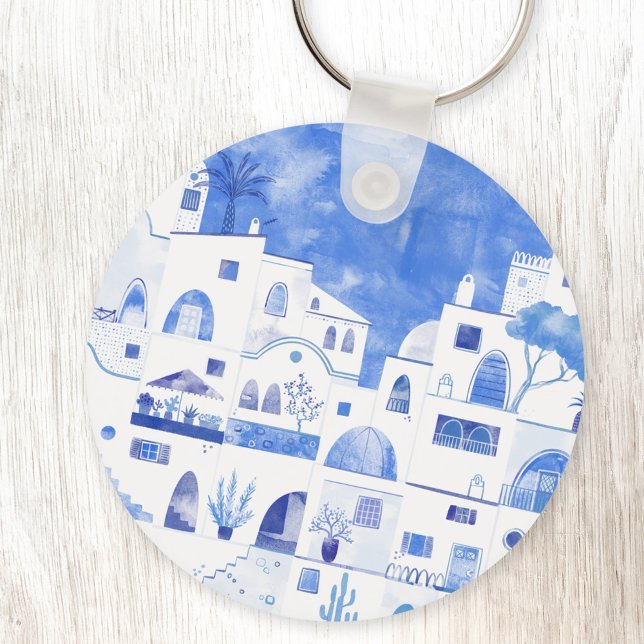 Santorini Griechenland Wasserfarbenwelt Schlüsselanhänger (Santorini Greece watercolor painting in blue and white on a keyring)