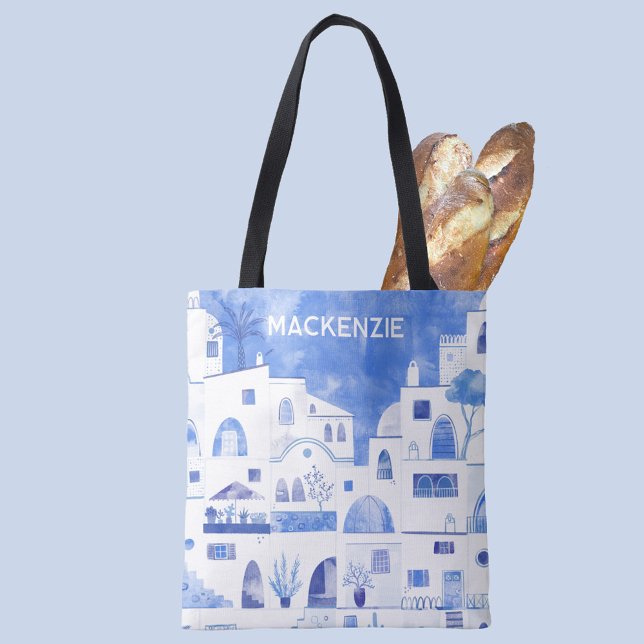 Santorini Griechische Insel Personalisierte Wasser Tasche (Oia Santorini Greece blue and white watercolor art personalized name tote bag)