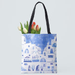 Santorini Griechische Insel Wasserfarbe Tasche<br><div class="desc">Aquarellblau-weiße Stadtmalerei auf der griechischen Insel Santorin.</div>
