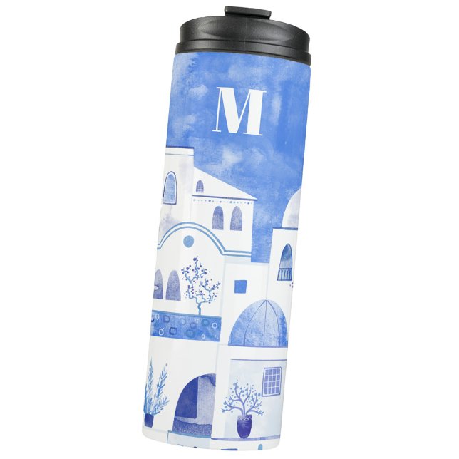 Santorini Griechische Insel Wasserfarbenmonogramm Thermosbecher (Monogram initial Oia Santorini blue and white watercolor thermal tumbler)