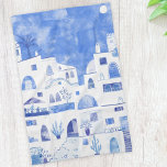 Santorini Griechische Insel Wasserfarbenwelt Geschirrtuch<br><div class="desc">Ein blaues und weißes Aquarellbild des Dorfes Oia auf der friedlichen griechischen Insel Santorin. Originelle Kunst von Nic Squirrell.</div>