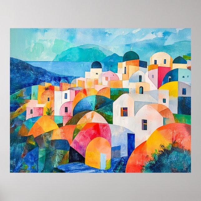 Santorini Hillside in Abstrakt Hues Poster (Vorne)