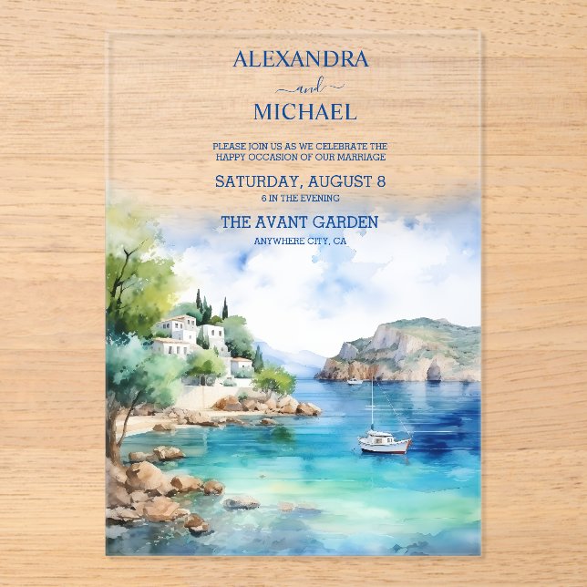 Santorini Hochzeit Acryleinladungen (Vorderseite)