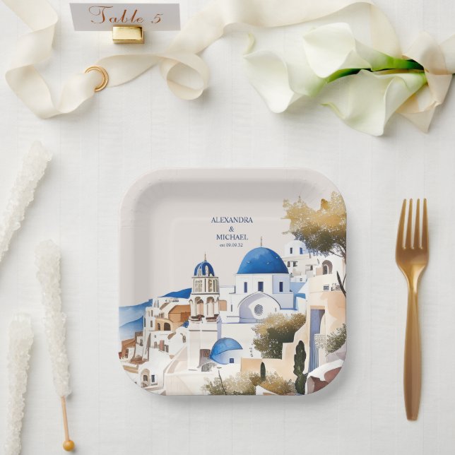 Santorini-Hochzeit in Urlaubsort Pappteller (Hochzeit)