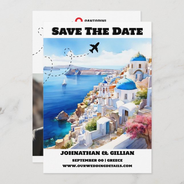 Santorini-Hochzeit in Urlaubsort Save the Date mod (Vorne/Hinten)