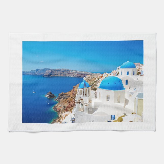 Santorini Insel - Kessel, Griechenland Geschirrtuch (Horizontal)