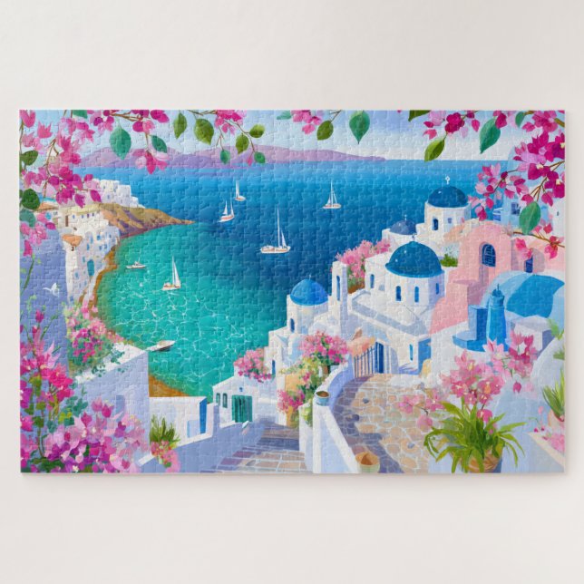 Santorini Island Greece Watercolor Painting (Horizontal)