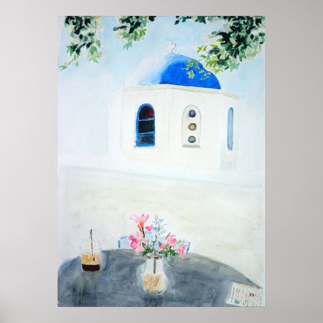 Santorini Kirche in Weiß und Blau Poster (Vorne)
