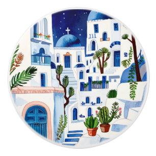 Santorini Night Griechenland Wasserfarbe Blau Weiß Keramikknauf