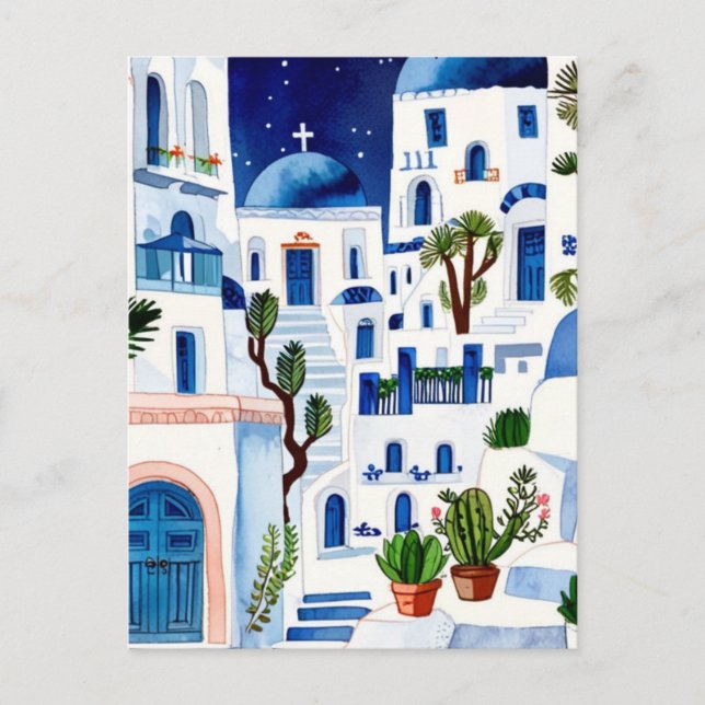 Santorini Night Griechenland Wasserfarbe Blau Weiß Postkarte (Vorderseite)