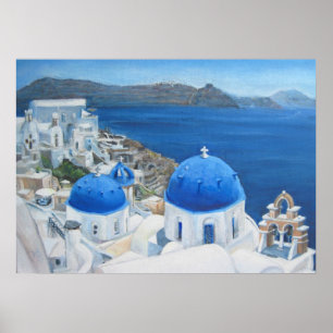 Santorini Oia blaues Kirchen-Ölgemälde Poster