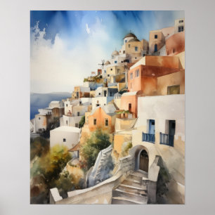 Santorini Oia Griechenland Aquarell Art Print Post Poster