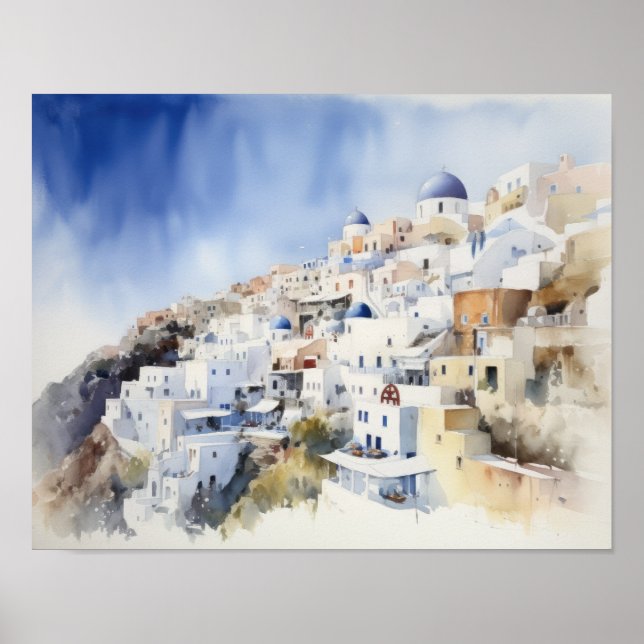 Santorini Oia Griechenland Aquarell Art Print Post Poster (Vorne)