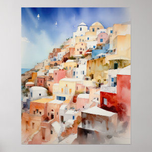 Santorini Oia Griechenland Aquarell Art Print Post Poster