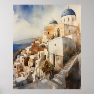 Santorini Oia Griechenland Aquarell Art Print Post Poster