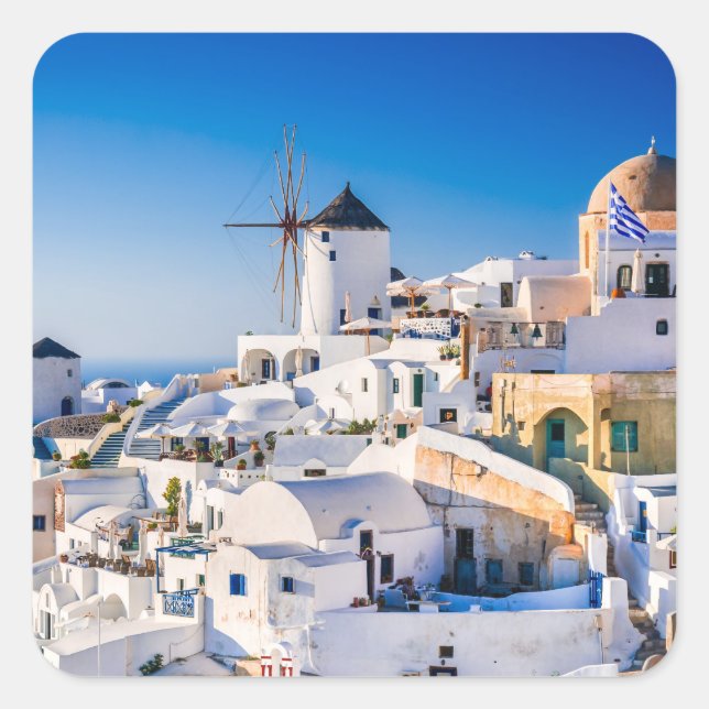 Santorini Quadratischer Aufkleber (Vorderseite)