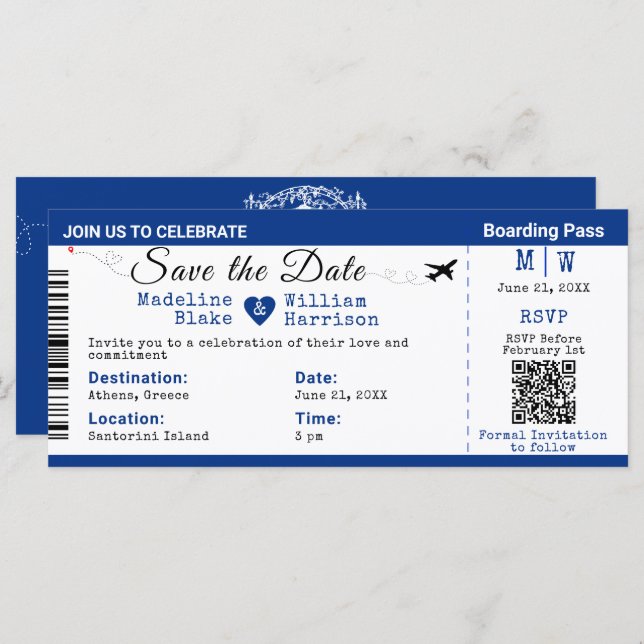 Santorini Skies Boarding Pass Style Save the Date (Vorne/Hinten)