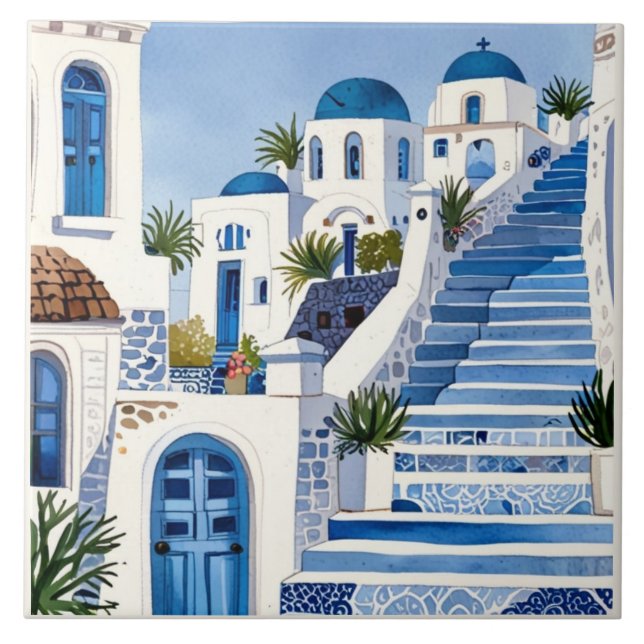 Santorini Steps, Griechenland Blue Watercolor Grie Fliese (Vorderseite)