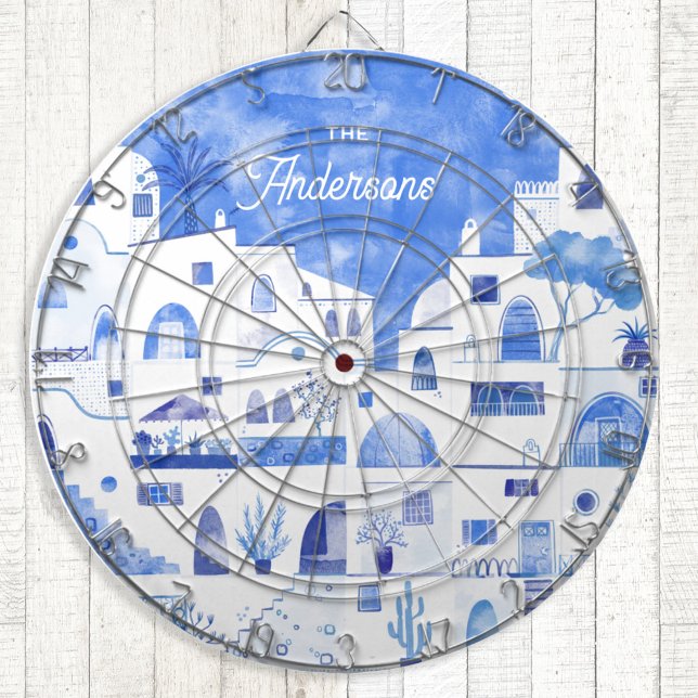 Santorini Wasserfarbe Personalisiert Dartscheibe (Santorini Oia blue and white watercolor art dartboard)