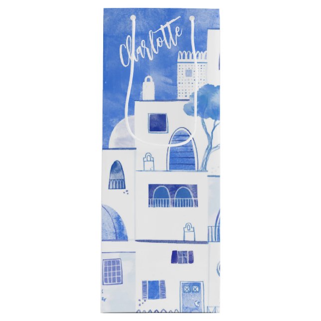 Santorini Wasserfarbe Personalisiert Geschenktüte Für Weinflaschen (Vorderseite)