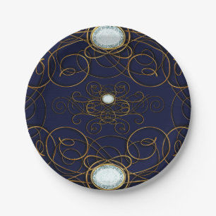 Saphir Blau & Gold Diamantene Hochzeitsparty Pappteller