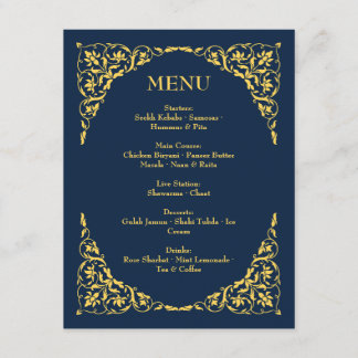 Saphir-Grace Royalblau und Gold Hochzeitsmenü Begleitkarte