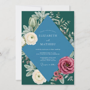 Saphir-Pfingstrosen-Laub-Hochzeit Einladung