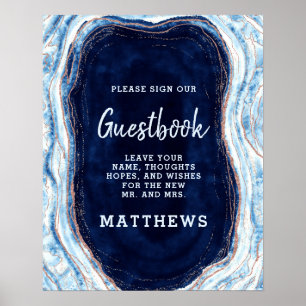 Saphirblaue Rosen-Gold-Geode-Achat-Gästebuch-Schil Poster