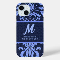 Saphire Blue Damask Wirbel mit Monogramm
