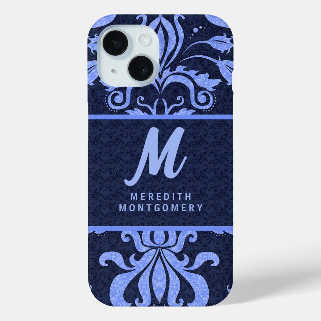 Saphire Blue Damask Wirbel mit Monogramm Case-Mate iPhone Hülle (Rückseite)