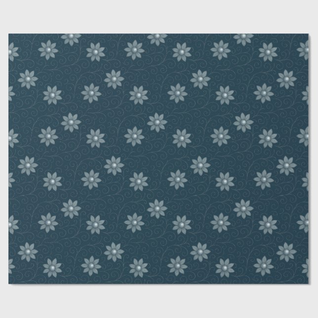 Saphire Blue mit Silvery Florals Wrapping Paper Geschenkpapier (Flach)